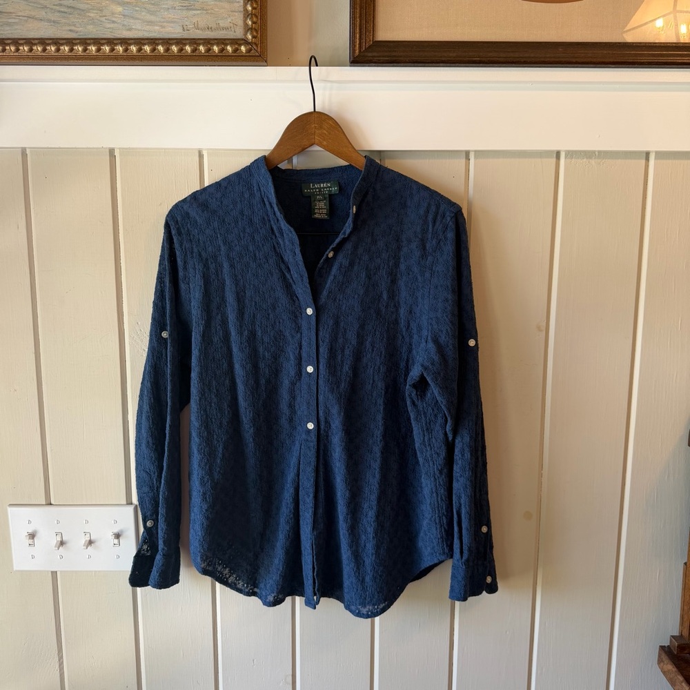 Women’s Lauren Ralph Lauren Navy Textured Collarless Button-Down Shirt, Size L/P